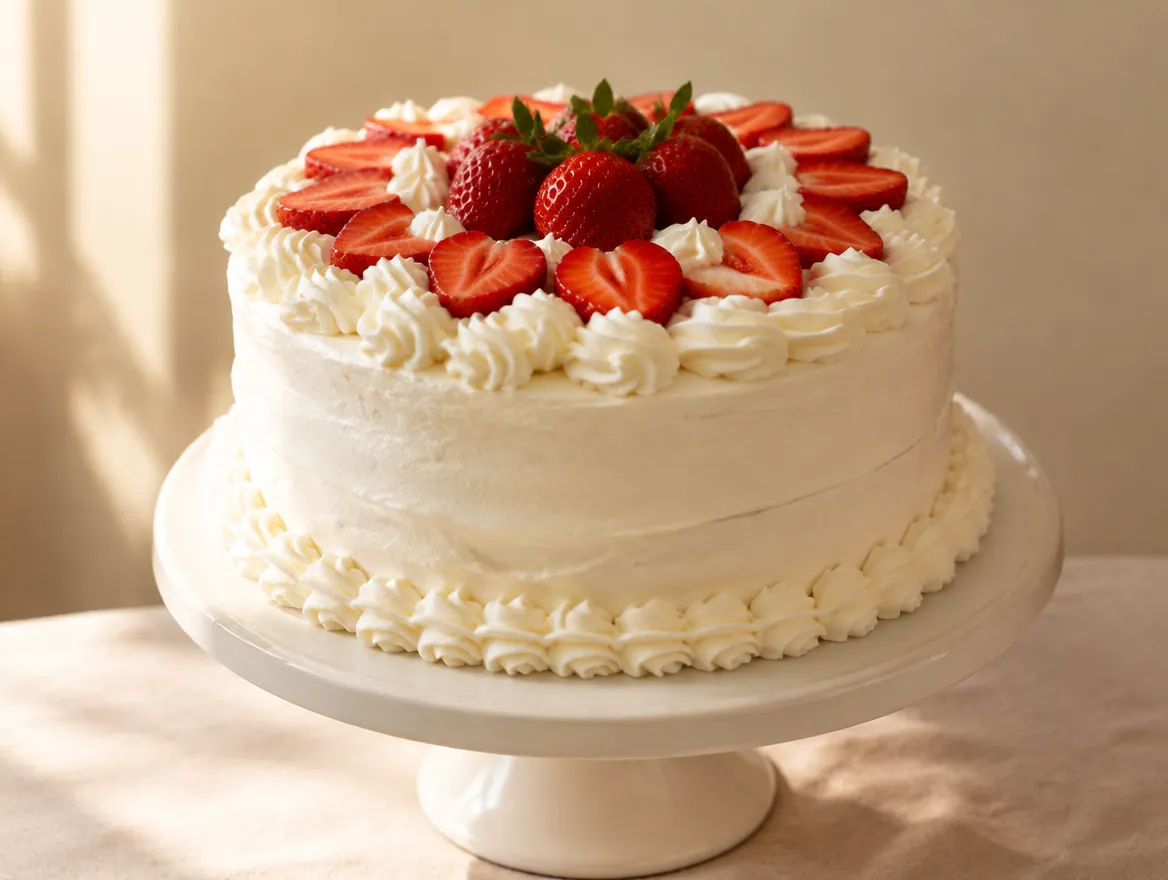 Bolo de aniversário com chantilly e morangos, feito por encomenda na padaria